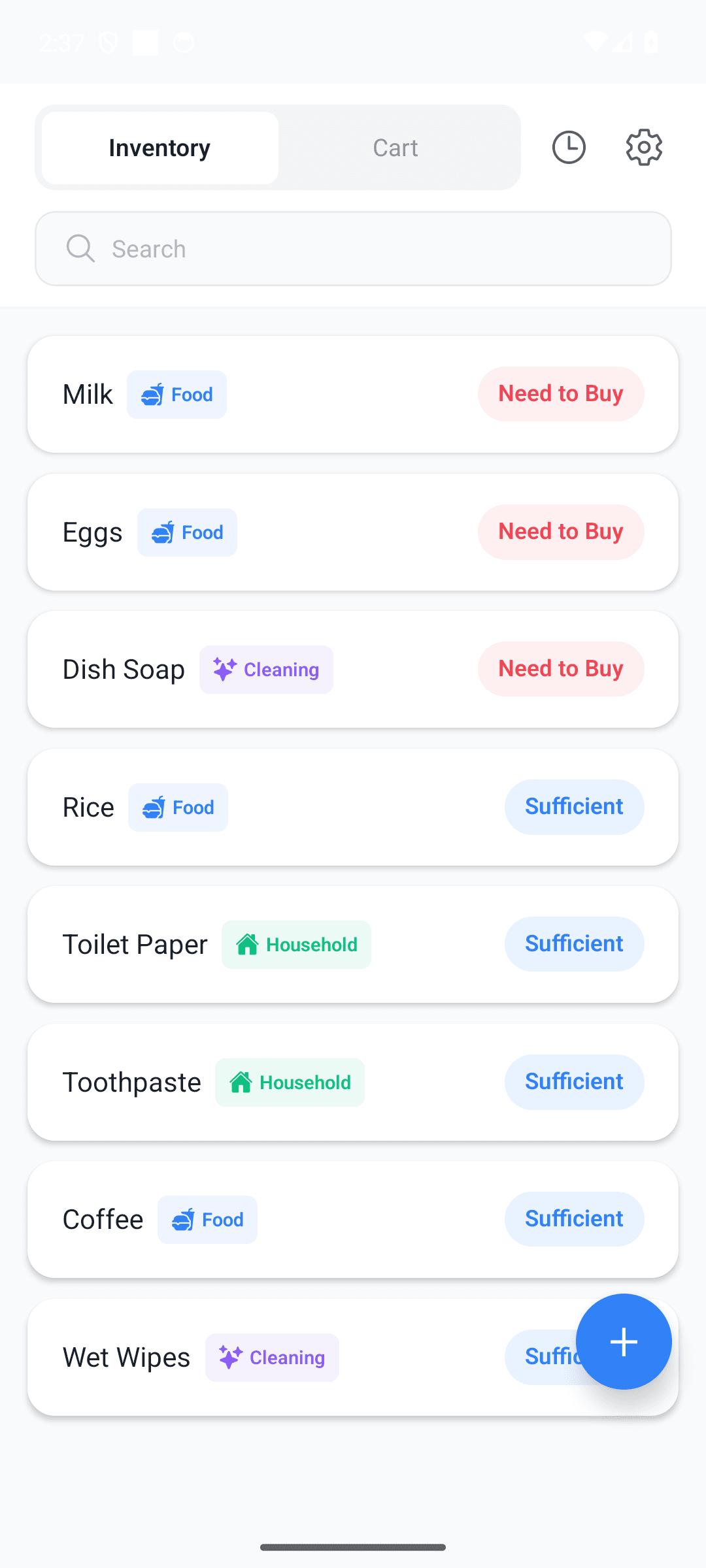 Angie's Cart inventory screen