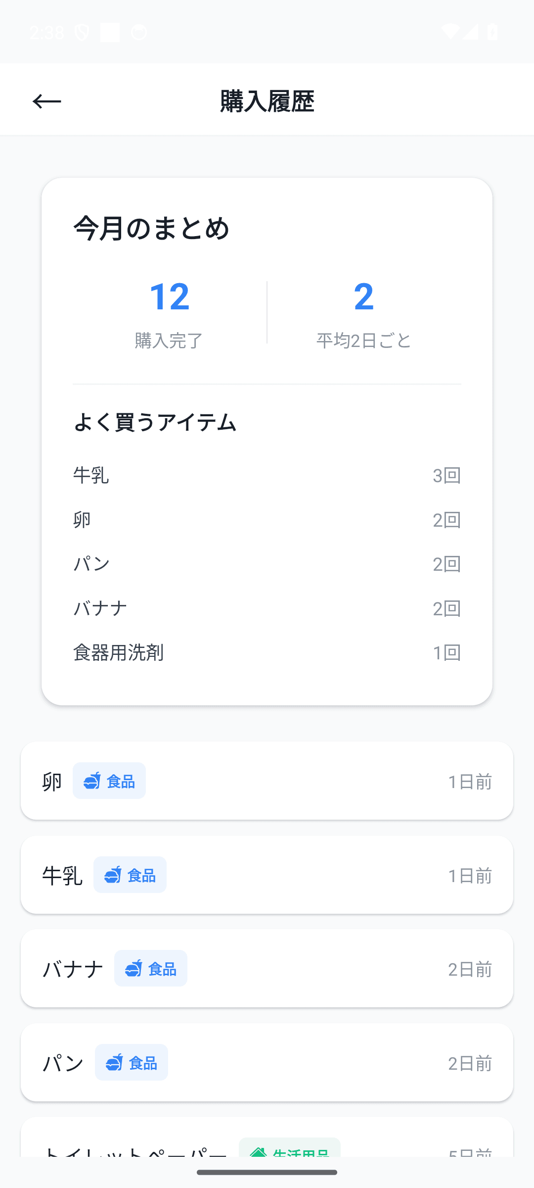 購入履歴と消費レポートも